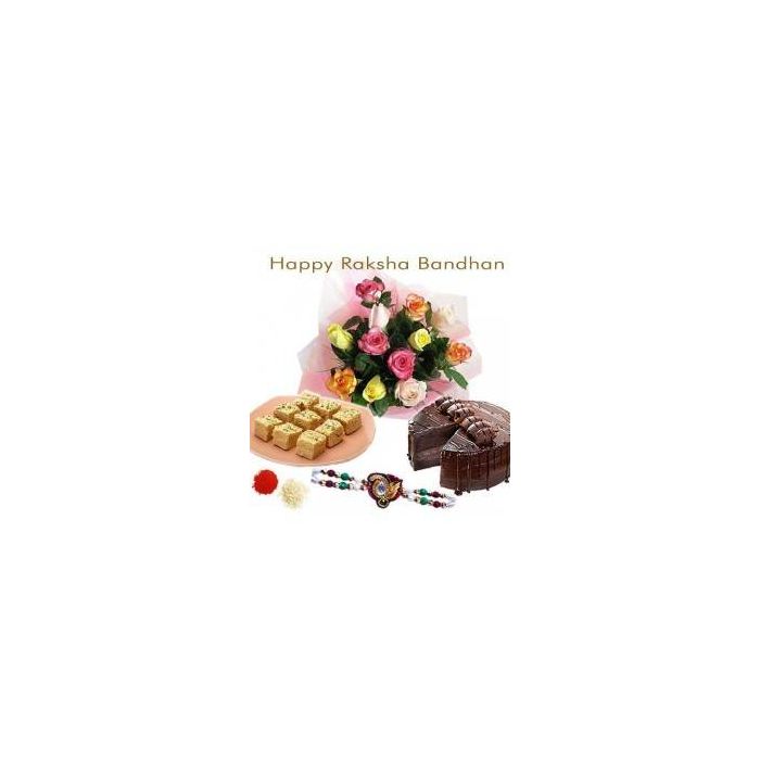 10 Mix Roses With Half Kg Chocolate Cake Half Kg Sohan Papdi With Rakhi 10 Mix Roses With Half Kg Chocolate Cake Half Kg Sohan Papdi With Rakhi