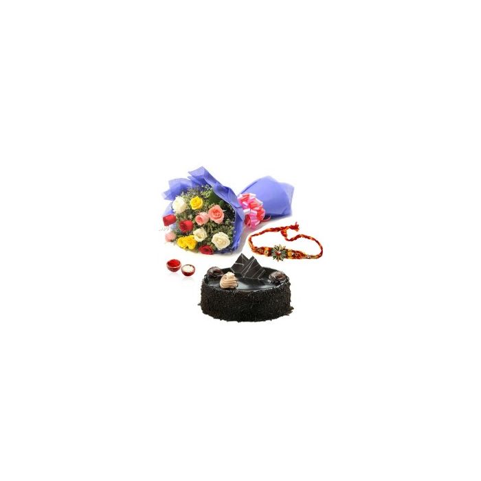 12 Mix Roses 1 Kg Chocolate Truffle Cake Rakhi 12 Mix Roses 1 Kg Chocolate Truffle Cake Rakhi