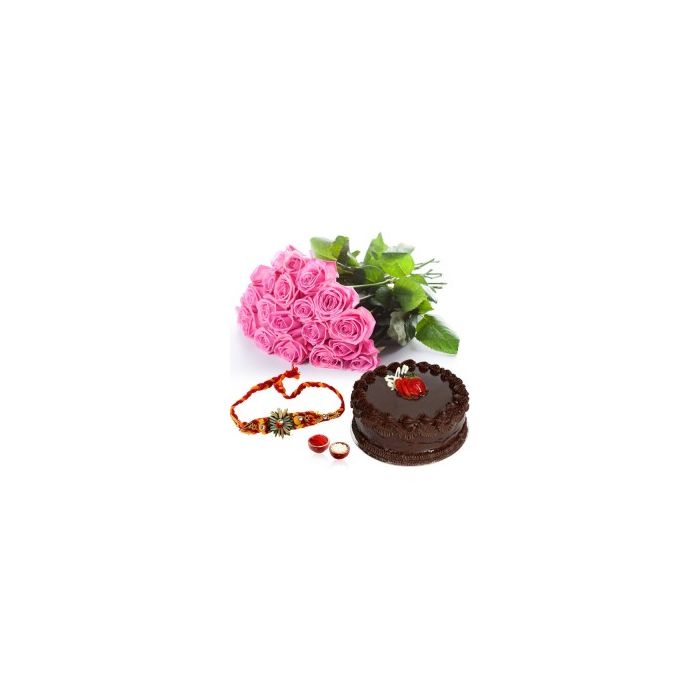 15 Pink Roses Half Kg Chocolate Cake Rakhi 15 Pink Roses Half Kg Chocolate Cake Rakhi