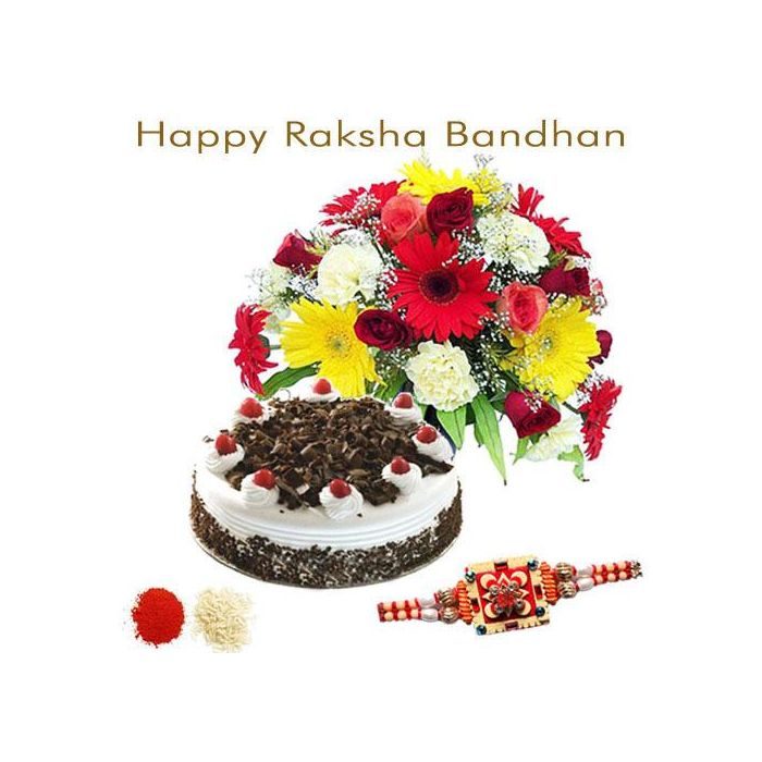 15 Seasonal Flower Bunch With Half Kg Black Forest With Rakhi