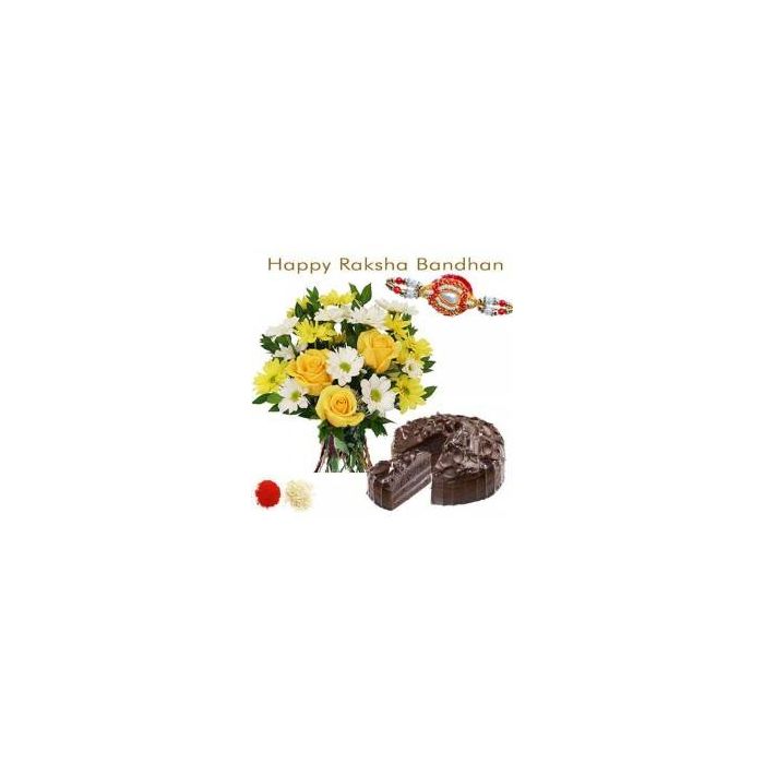 15 Yellow And White Mix Flowers With Half Kg Chocolate Cake Rakhi 15 Yellow And White Mix Flowers With Half Kg Chocolate Cake Rakhi