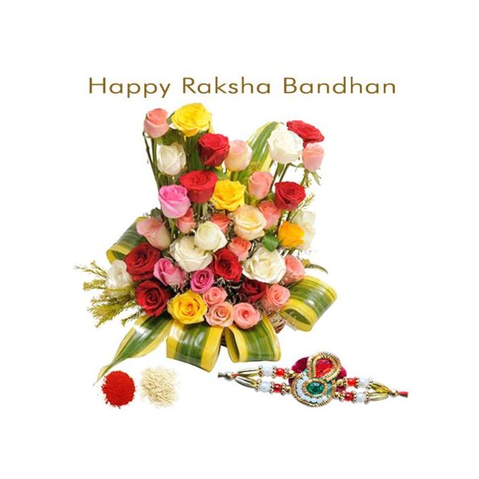 Arrangement of 25 Mix Roses With Rakhi Arrangement of 25 Mix Roses With Rakhi