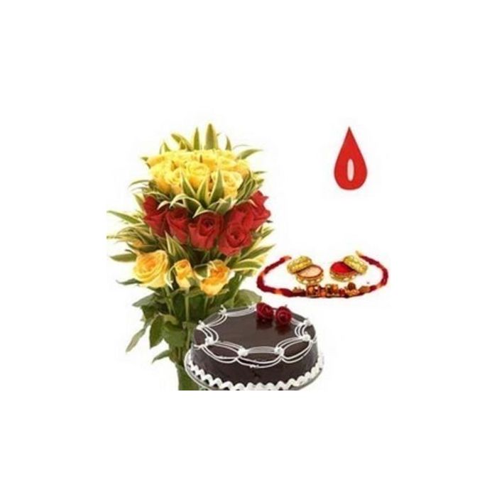 Half Kg Chocolate Truffle Cake Bunch 12 Red and Yellow Roses With Rakhi