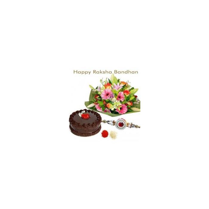 Half Kg Eggless Chocolate Truffle Cake With Bunch of 15 Mix Flowers With Rakhi