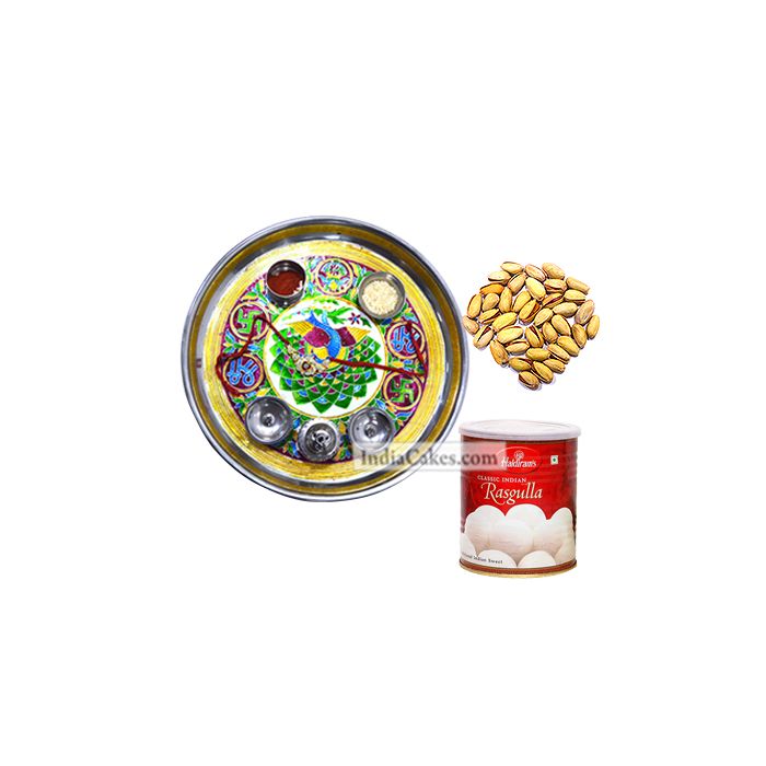 Golden Thali With Green Design And Rasgulla And Pista Golden Thali With Green Design And Rasgulla And Pista