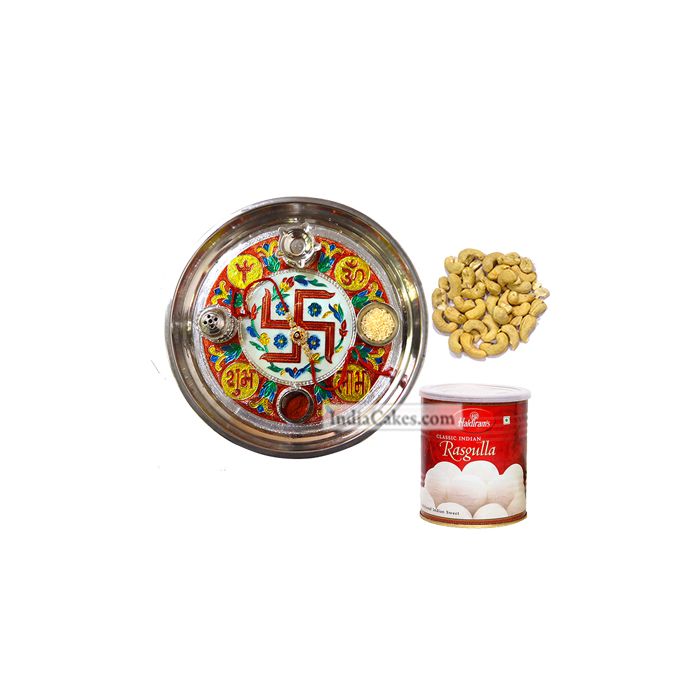 Golden Thali With Red Design And Rasgulla And Cashew Golden Thali With Red Design And Rasgulla And Cashew