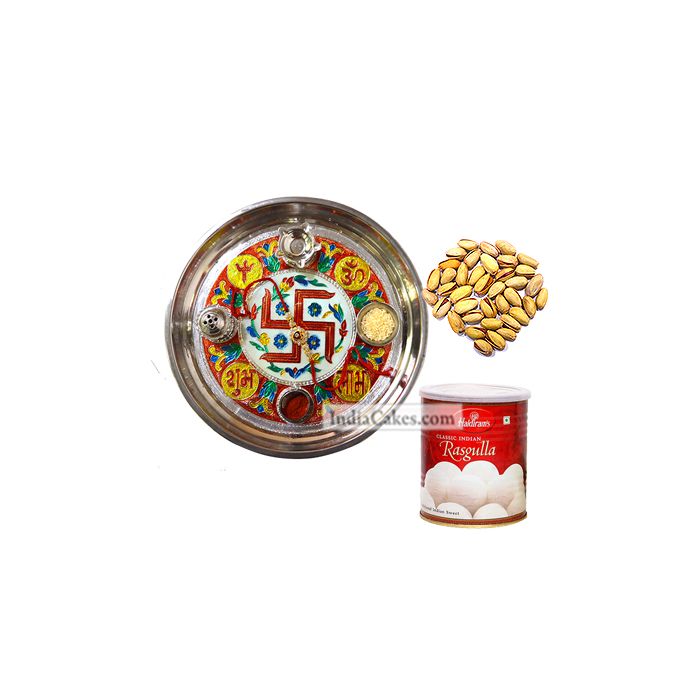 Golden Thali With Red Design And Rasgulla And Pista Golden Thali With Red Design And Rasgulla And Pista