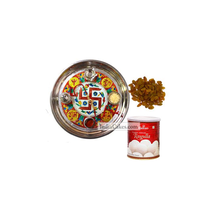 Golden Thali With Red Design And Rasgulla And Raisins Golden Thali With Red Design And Rasgulla And Raisins