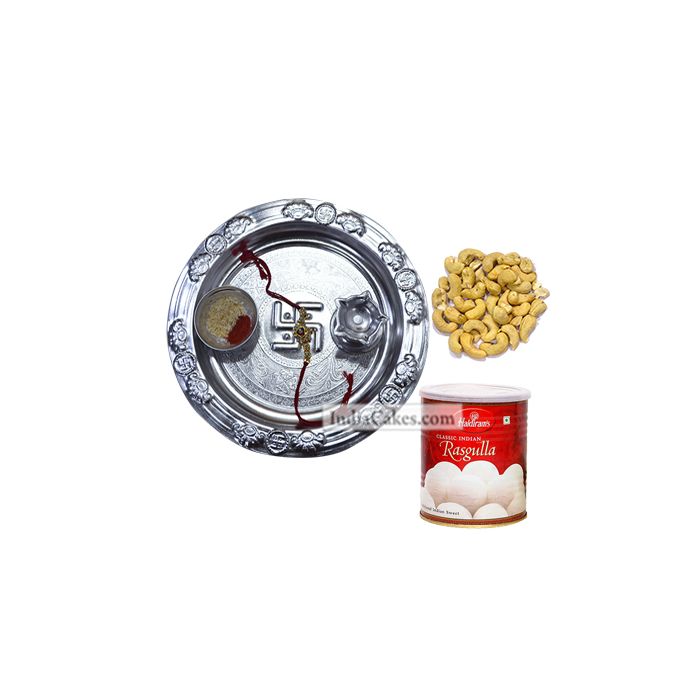 Silver Thali And Rasgulla And Cashew Silver Thali And Rasgulla And Cashew