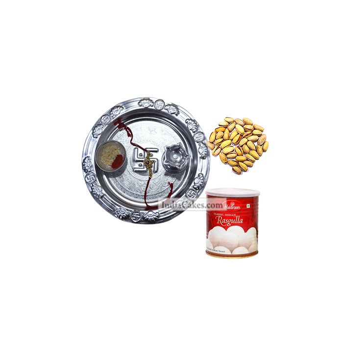 Silver Thali And Rasgulla And Pista Silver Thali And Rasgulla And Pista