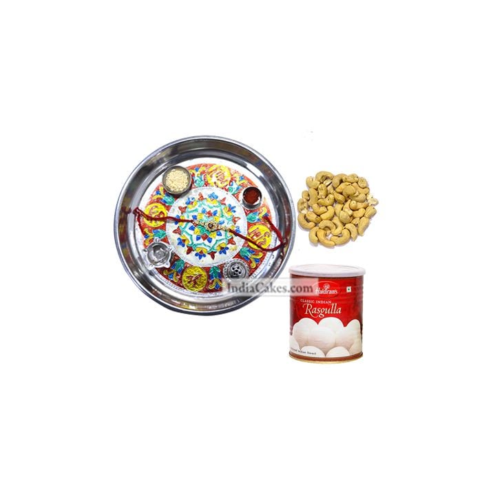 Silver Thali With Design And Rasgulla And Cashew Silver Thali With Design And Rasgulla And Cashew