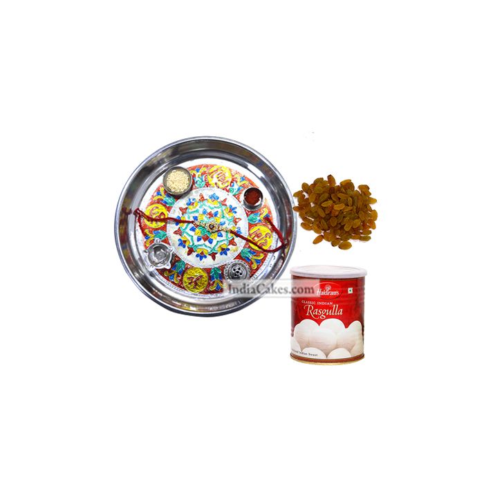 Silver Thali With Design And Rasgulla And Raisins Silver Thali With Design And Rasgulla And Raisins