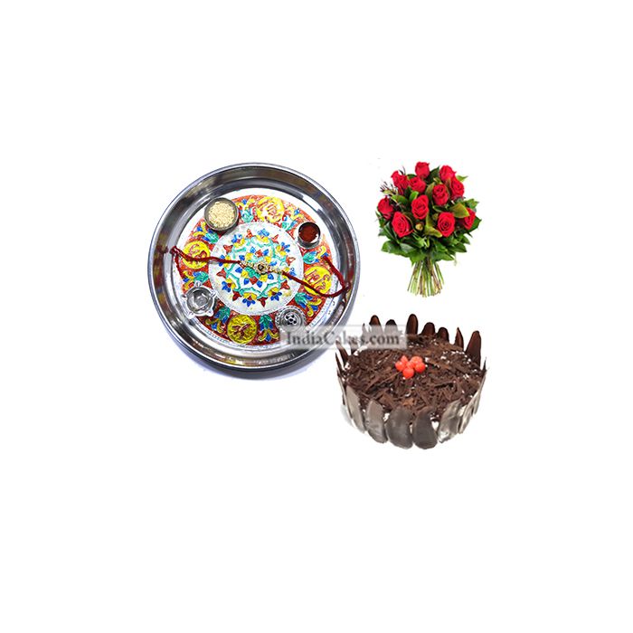 Silver Thali With Design And Half Kg Eggless Black Forest Cake And 10 Red Roses Bunch Silver Thali With Design And Half Kg Eggless Black Forest Cake And 10 Red Roses Bunch