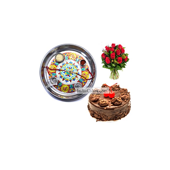 Silver Thali With Design And Half Kg Eggless Chocolate Truffle Cake And 10 Red Roses Bunch Silver Thali With Design And Half Kg Eggless Chocolate Truffle Cake And 10 Red Roses Bunch