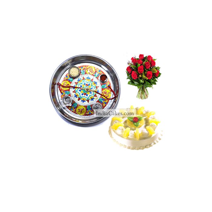 Silver Thali With Design And Half Kg Eggless Pineapple Cake And 10 Red Roses Bunch Silver Thali With Design And Half Kg Eggless Pineapple Cake And 10 Red Roses Bunch