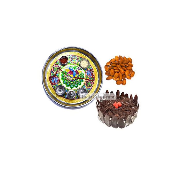 Golden Thali With Green Design And Half Kg Eggless Black Forest Cake And 250 gms Almond Dryfruits Golden Thali With Green Design And Half Kg Eggless Black Forest Cake And 250 gms Almond Dryfruits