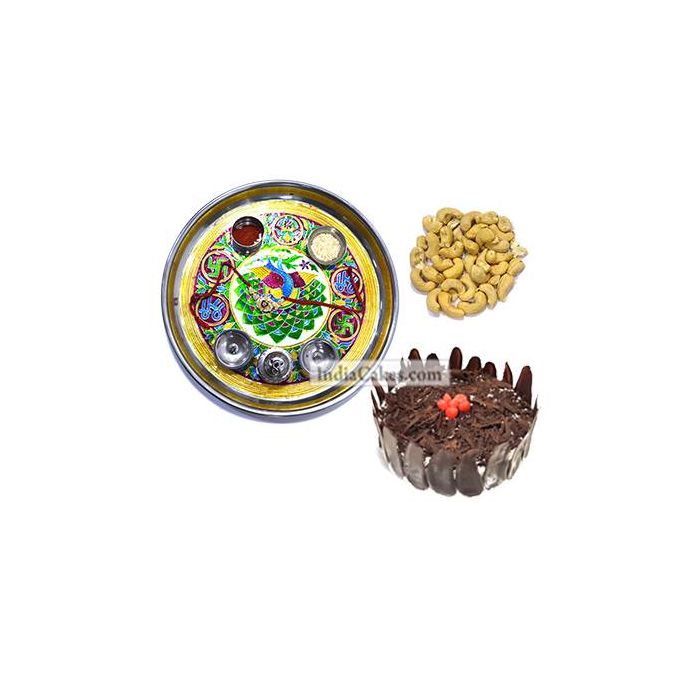 Golden Thali With Green Design And Half Kg Eggless Black Forest Cake And 250 gms Cashew Dryfruits Golden Thali With Green Design And Half Kg Eggless Black Forest Cake And 250 gms Cashew Dryfruits