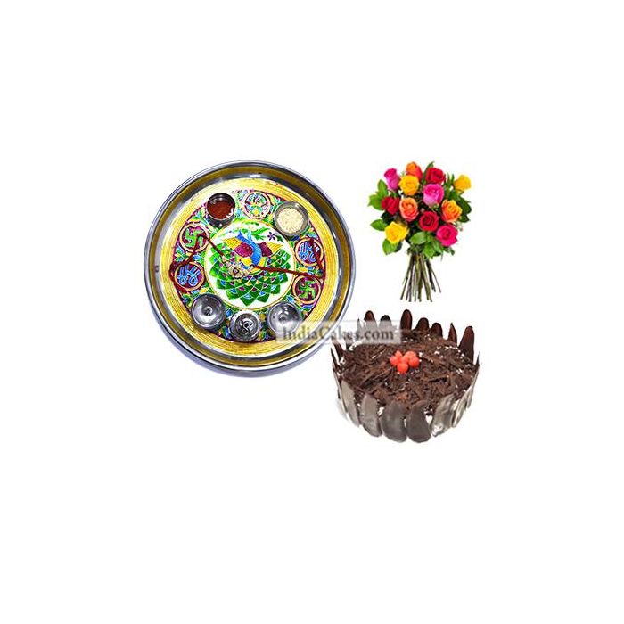 Golden Thali With Green Design And Half Kg Eggless Black Forest Cake And 10 Mix Roses Bunch