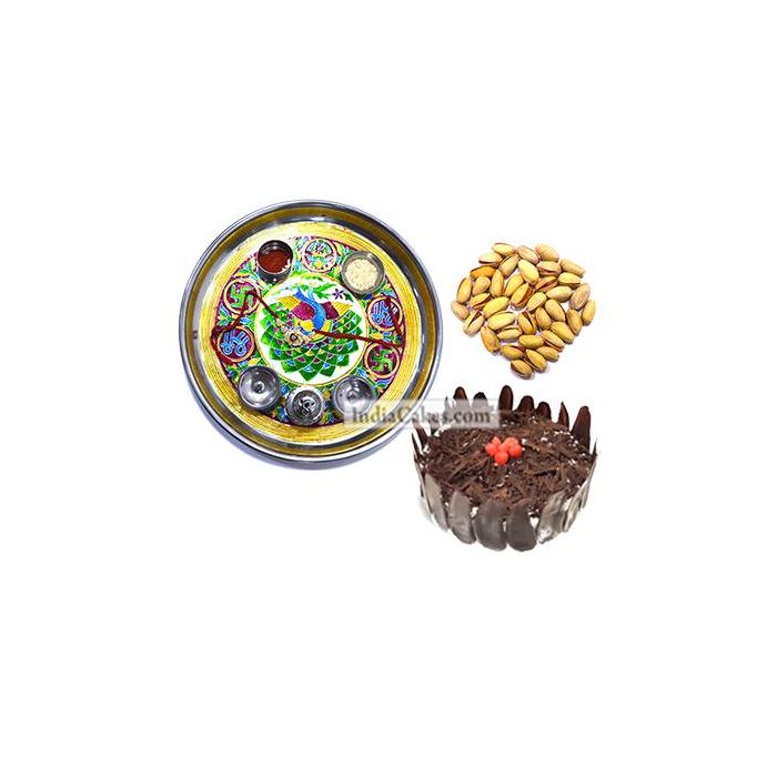 Golden Thali With Green Design And Half Kg Eggless Pineapple Cake And 250 gms Pista Dryfruits Golden Thali With Green Design And Half Kg Eggless Pineapple Cake And 250 gms Pista Dryfruits