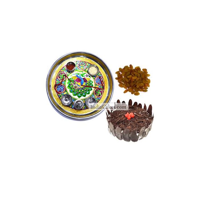 Golden Thali With Green Design And Half Kg Eggless Black Forest Cake And 250 gms Raisins Dryfruits Golden Thali With Green Design And Half Kg Eggless Black Forest Cake And 250 gms Raisins Dryfruits