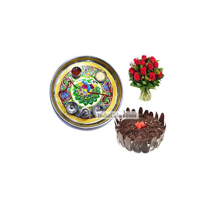 Golden Thali With Green Design And Half Kg Eggless Chocolate Truffle Cake And 10 Red Roses Bunch