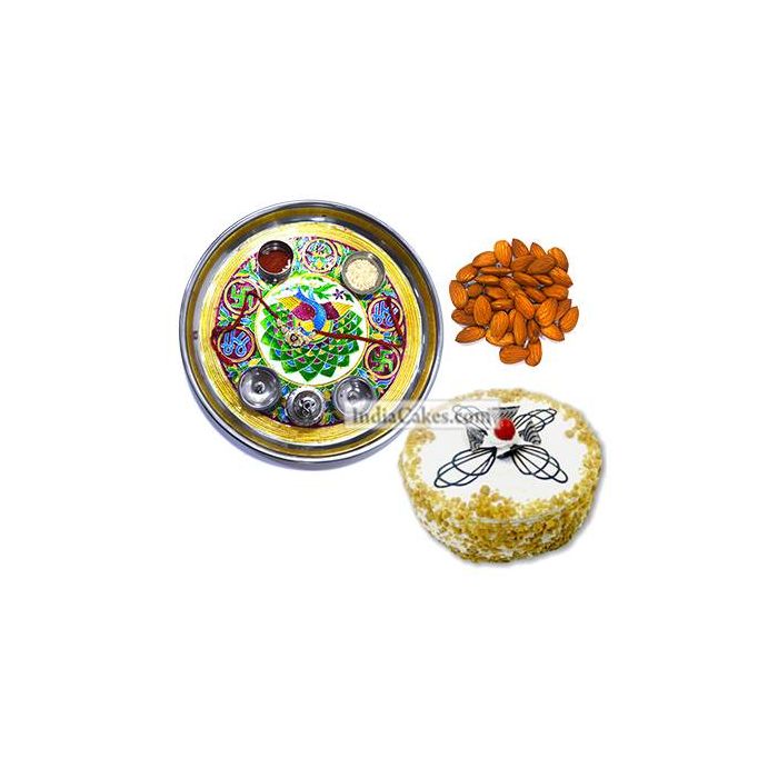 Golden Thali With Green Design And Half Kg Eggless Butterscotch Cake And 250 gms Almond Dryfruits Golden Thali With Green Design And Half Kg Eggless Butterscotch Cake And 250 gms Almond Dryfruits