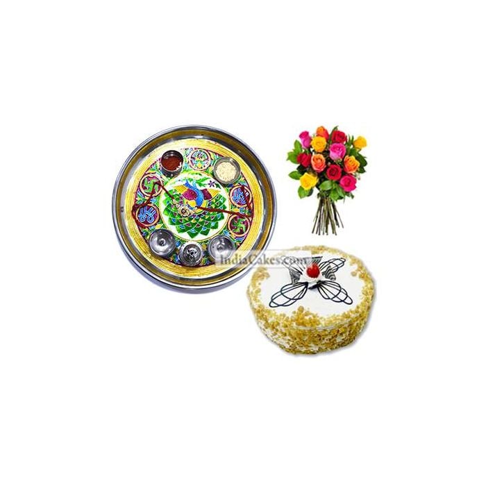 Golden Thali With Green Design And Half Kg Eggless Butterscotch Cake And 10 Mix Roses Bunch