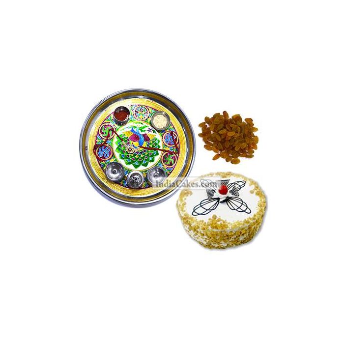 Golden Thali With Green Design And Half Kg Eggless Butterscotch Cake And 250 gms Raisins Dryfruits Golden Thali With Green Design And Half Kg Eggless Butterscotch Cake And 250 gms Raisins Dryfruits