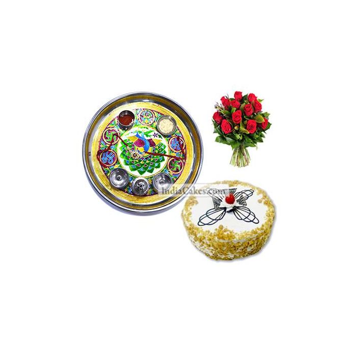 Golden Thali With Green Design And Half Kg Eggless Butterscotch Cake And 10 Red Roses Bunch