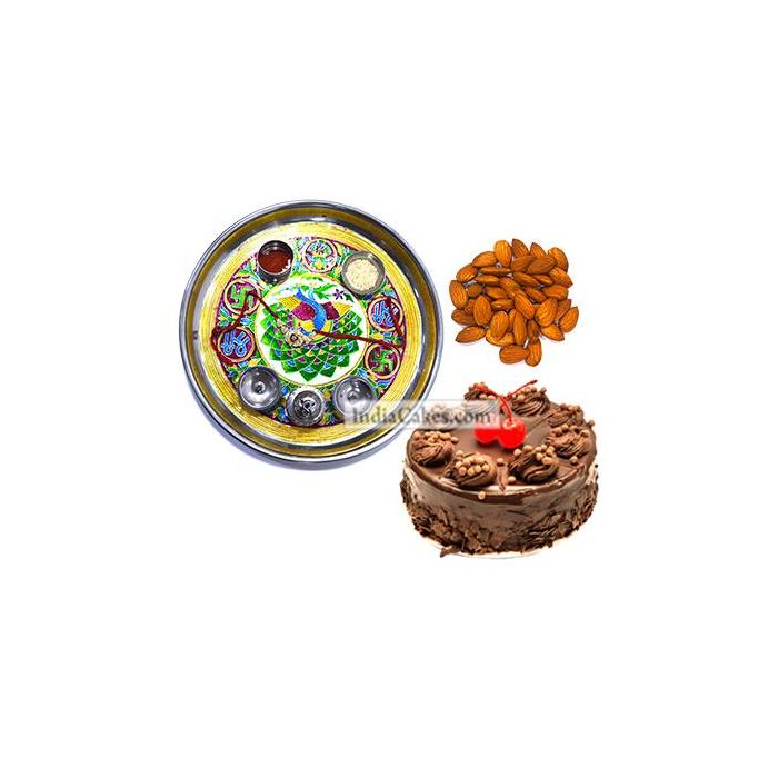 Golden Thali With Green Design And Half Kg Eggless Chocolate Truffle Cake And 250 gms Almond Dryfruits Golden Thali With Green Design And Half Kg Eggless Chocolate Truffle Cake And 250 gms Almond Dryfruits