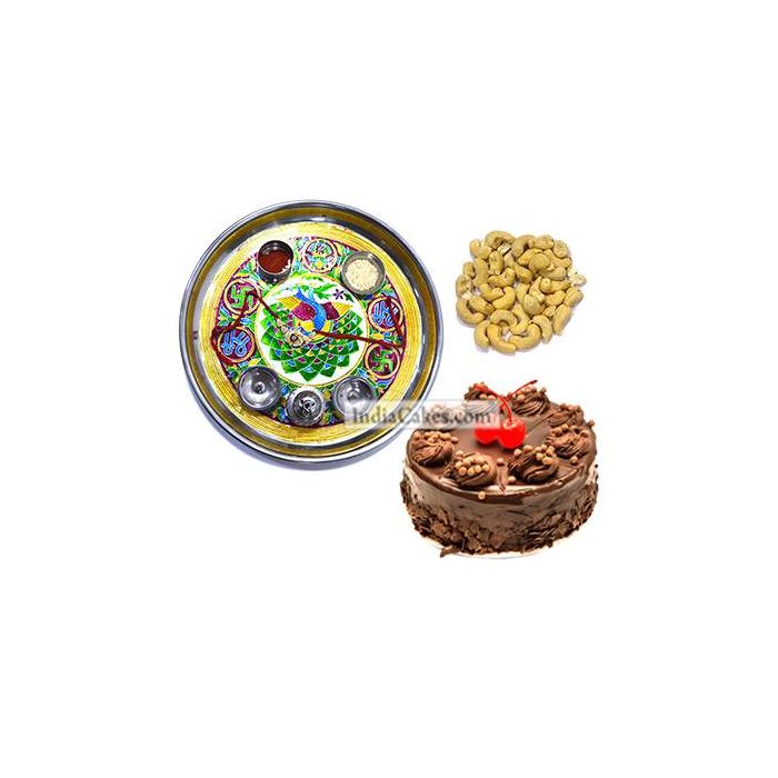 Golden Thali With Green Design And Half Kg Eggless Chocolate Truffle Cake And 250 gms Cashew Dryfruits Golden Thali With Green Design And Half Kg Eggless Chocolate Truffle Cake And 250 gms Cashew Dryfruits