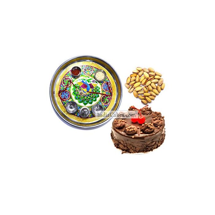 Golden Thali With Green Design And Half Kg Eggless Chocolate Truffle Cake And 250 gms Pista Dryfruits Golden Thali With Green Design And Half Kg Eggless Chocolate Truffle Cake And 250 gms Pista Dryfruits