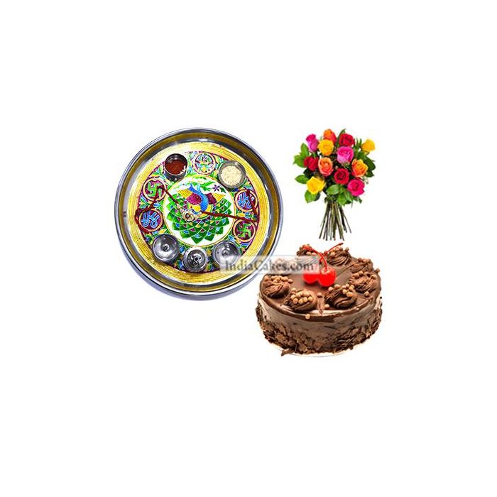 Golden Thali With Green Design And Half Kg Eggless Chocolate Truffle Cake And 10 Mix Roses Bunch