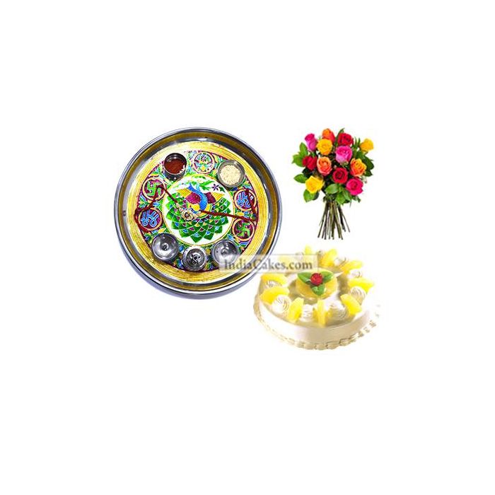 Golden Thali With Green Design And Half Kg Eggless Pineapple Cake And 10 Mix Roses Bunch