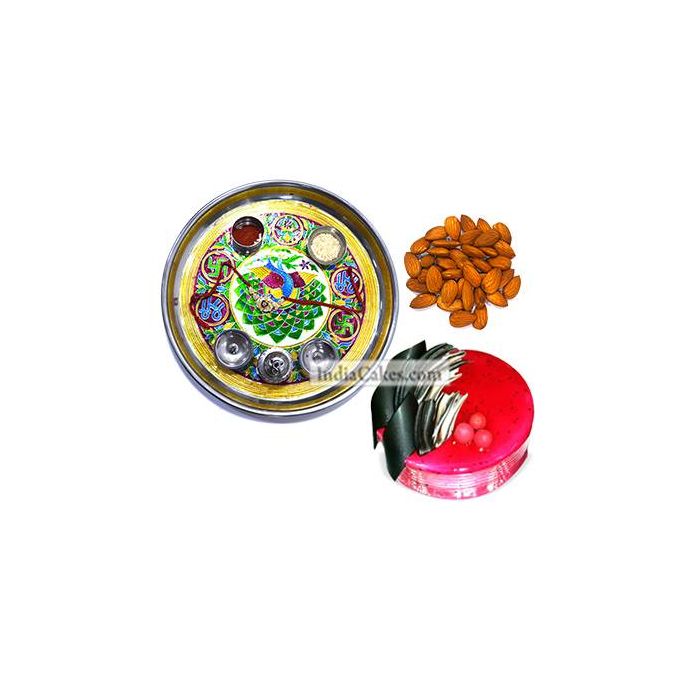 Golden Thali With Green Design And Half Kg Eggless Strawberry Cake And 250 gms Almond Dryfruits Golden Thali With Green Design And Half Kg Eggless Strawberry Cake And 250 gms Almond Dryfruits