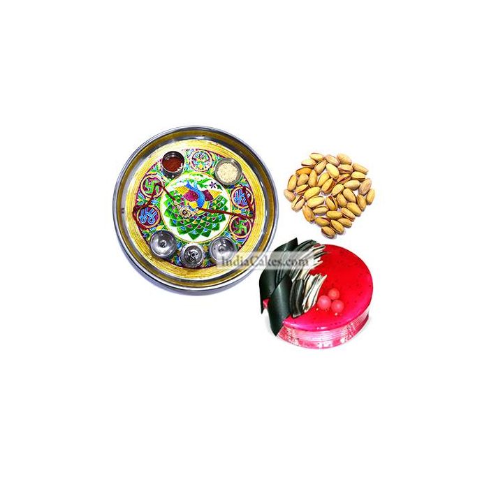 Golden Thali With Green Design And Half Kg Eggless Strawberry Cake And 250 gms Pista Dryfruits Golden Thali With Green Design And Half Kg Eggless Strawberry Cake And 250 gms Pista Dryfruits