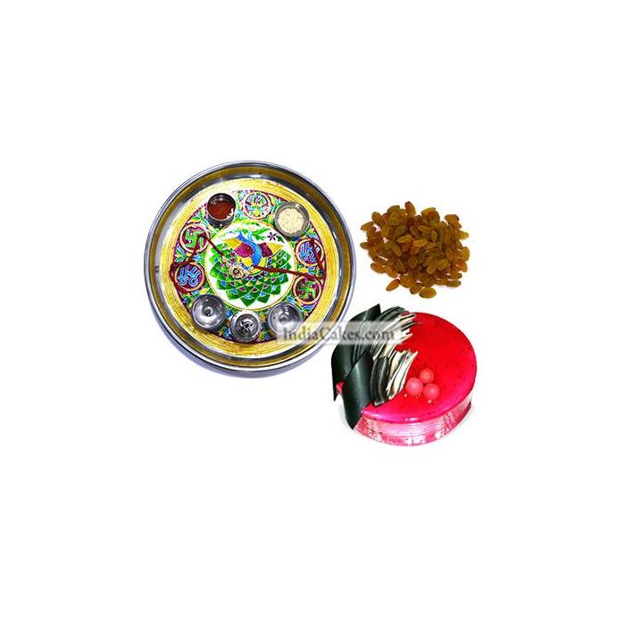 Golden Thali With Green Design And Half Kg Eggless Strawberry Cake And 250 gms Raisins Dryfruits Golden Thali With Green Design And Half Kg Eggless Strawberry Cake And 250 gms Raisins Dryfruits