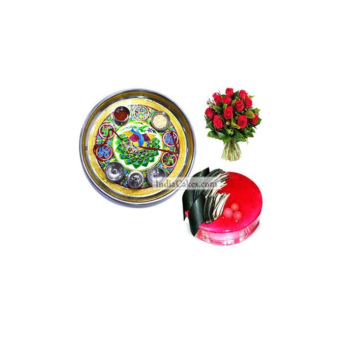 Golden Thali With Green Design And Half Kg Eggless Strawberry Cake And 10 Red Roses Bunch Golden Thali With Green Design And Half Kg Eggless Strawberry Cake And 10 Red Roses Bunch