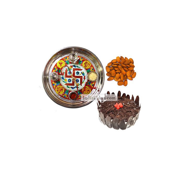 Golden Thali With Red Design And Half Kg Eggless Black Forest Cake And 250 gms Almond Dryfruits Golden Thali With Red Design And Half Kg Eggless Black Forest Cake And 250 gms Almond Dryfruits