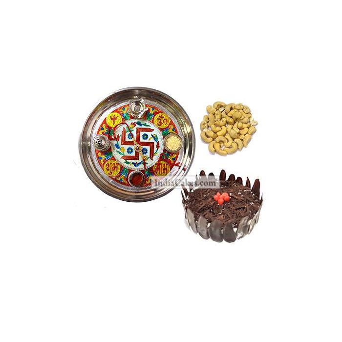 Golden Thali With Red Design And Half Kg Eggless Black Forest Cake And 250 gms Cashew Dryfruits Golden Thali With Red Design And Half Kg Eggless Black Forest Cake And 250 gms Cashew Dryfruits