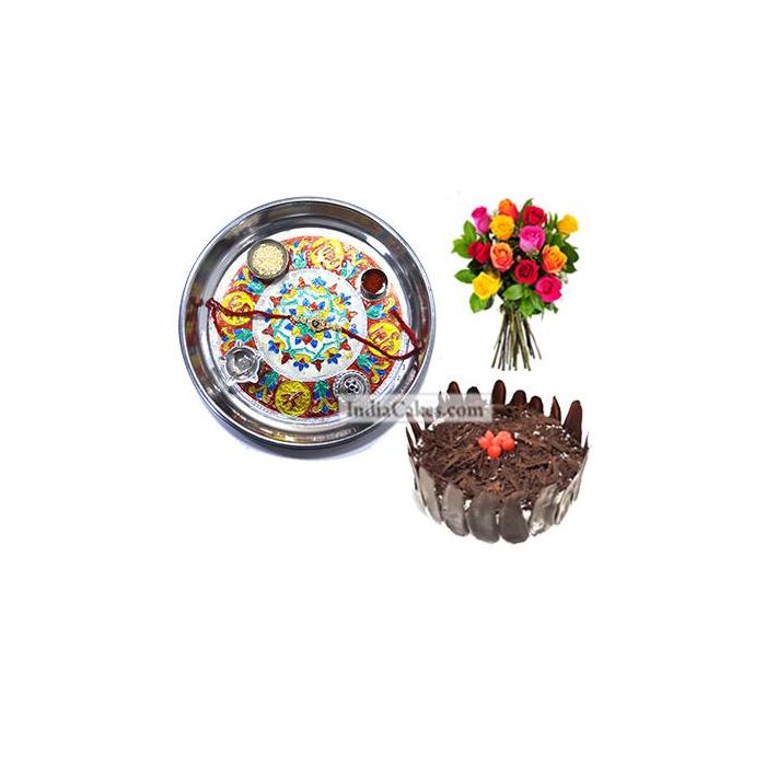 Silver Thali With Design And Half Kg Eggless Black Forest Cake And 10 Mix Roses Bunch