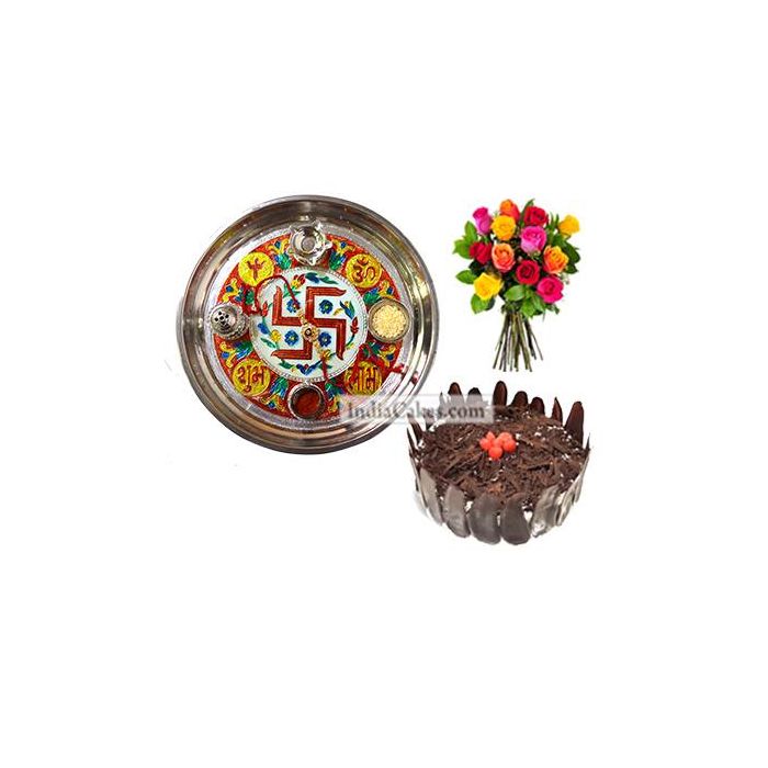 Golden Thali With Red Design And Half Kg Eggless Black Forest Cake And 10 Mix Roses Bunch
