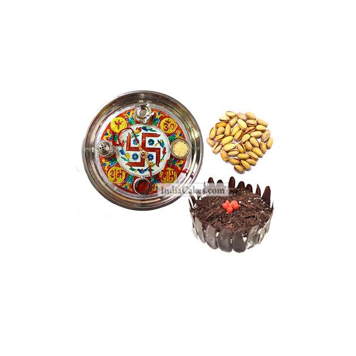 Golden Thali With Red Design And Half Kg Eggless Black Forest Cake And 250 gms Pista Dryfruits Golden Thali With Red Design And Half Kg Eggless Black Forest Cake And 250 gms Pista Dryfruits