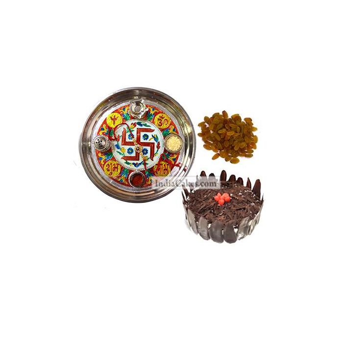 Golden Thali With Red Design And Half Kg Eggless Black Forest Cake And 250 gms Raisins Dryfruits Golden Thali With Red Design And Half Kg Eggless Black Forest Cake And 250 gms Raisins Dryfruits