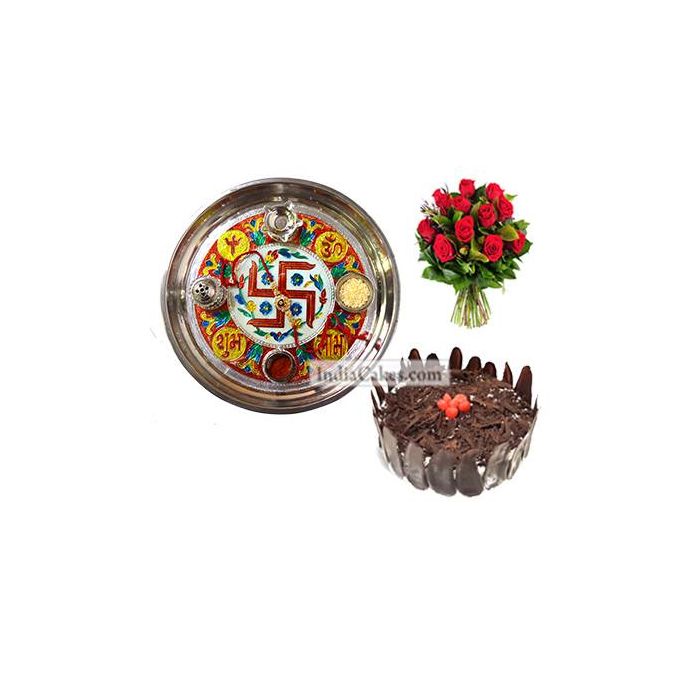 Golden Thali With Red Design And Half Kg Eggless Black Forest Cake And 10 Red Roses Bunch