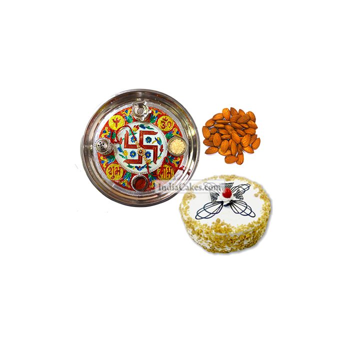 Golden Thali With Red Design And Half Kg Eggless Butterscotch Cake And 250 gms Almond Dryfruits Golden Thali With Red Design And Half Kg Eggless Butterscotch Cake And 250 gms Almond Dryfruits