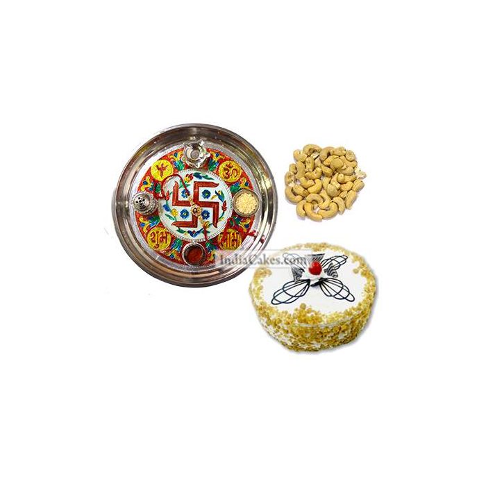 Golden Thali With Red Design And Half Kg Eggless Butterscotch Cake And 250 gms Cashew Dryfruits Golden Thali With Red Design And Half Kg Eggless Butterscotch Cake And 250 gms Cashew Dryfruits