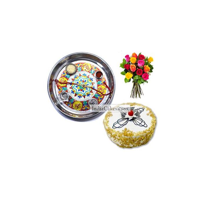 Silver Thali With Design And Half Kg Eggless Butterscotch Cake And 10 Mix Roses Bunch