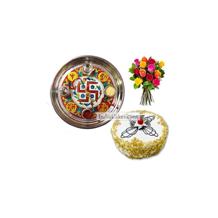 Golden Thali With Red Design And Half Kg Eggless Butterscotch Cake And 10 Mix Roses Bunch