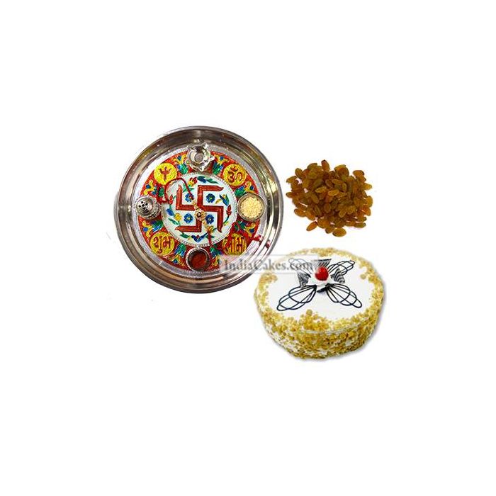 Golden Thali With Red Design And Half Kg Eggless Butterscotch Cake And 250 gms Raisins Dryfruits Golden Thali With Red Design And Half Kg Eggless Butterscotch Cake And 250 gms Raisins Dryfruits
